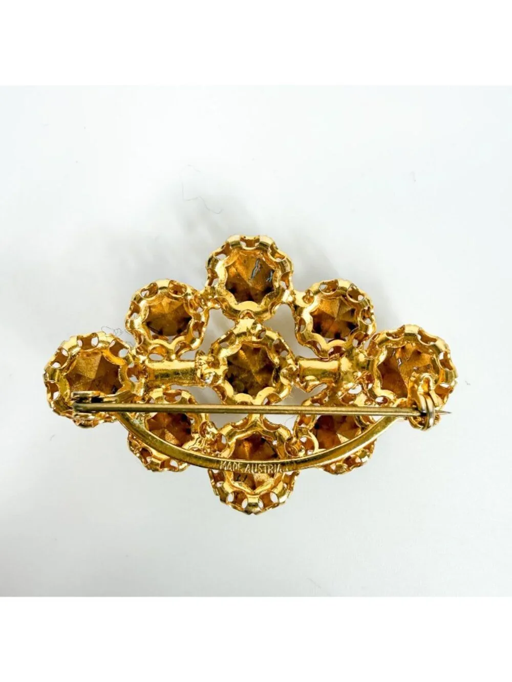 Vintage Gold Tone Diamond Shaped Blue Aqua Prong Set Rhinestones Austria